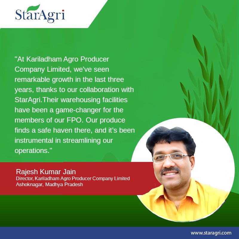 Hear from Rajesh Kumar Jain, Director of Kariladham Agro Producer Company. He has been a StarAgri partner for the last three years, and has been using our warehousing and financial services to grow his FPO.🌱🚀

#StarAgri #CustomerStories #FPOs #India