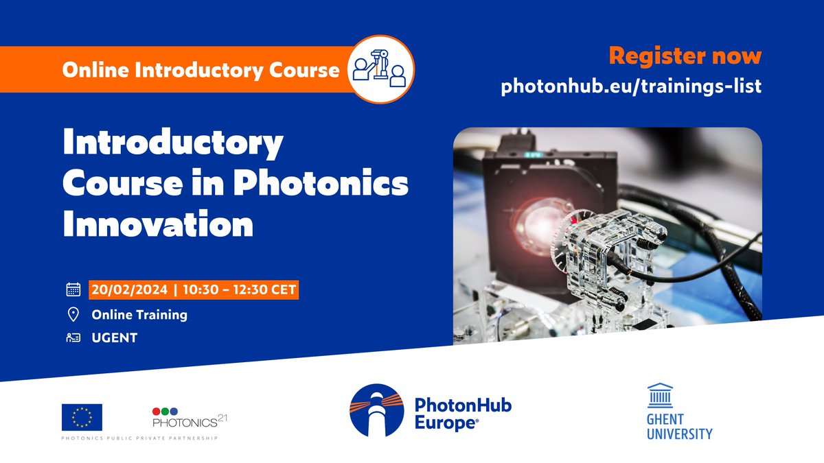 📢 @PhotonicsUGent is organising a FREE #PhotonHub Online Introductory Course in Photonics Innovation 💡🎓 📅 20 February 2024, 10:30 – 12:30 CET 📍 Online Training 👉 buff.ly/3WZ8x6K #PhotonicsInnovation #OnlineCourse #Photonics101 #TechCourse #LearnPhotonics