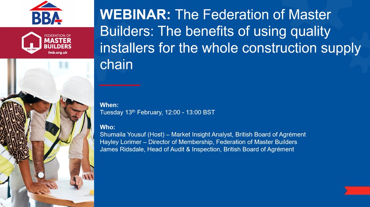 The BBA is on a mission to improve safety and quality across the Construction Industry. 

In our first webinar of 2024, we are delighted to be joined by Hayley Lorimer of the FMB.

Find out more and register here:
okt.to/n0s46g