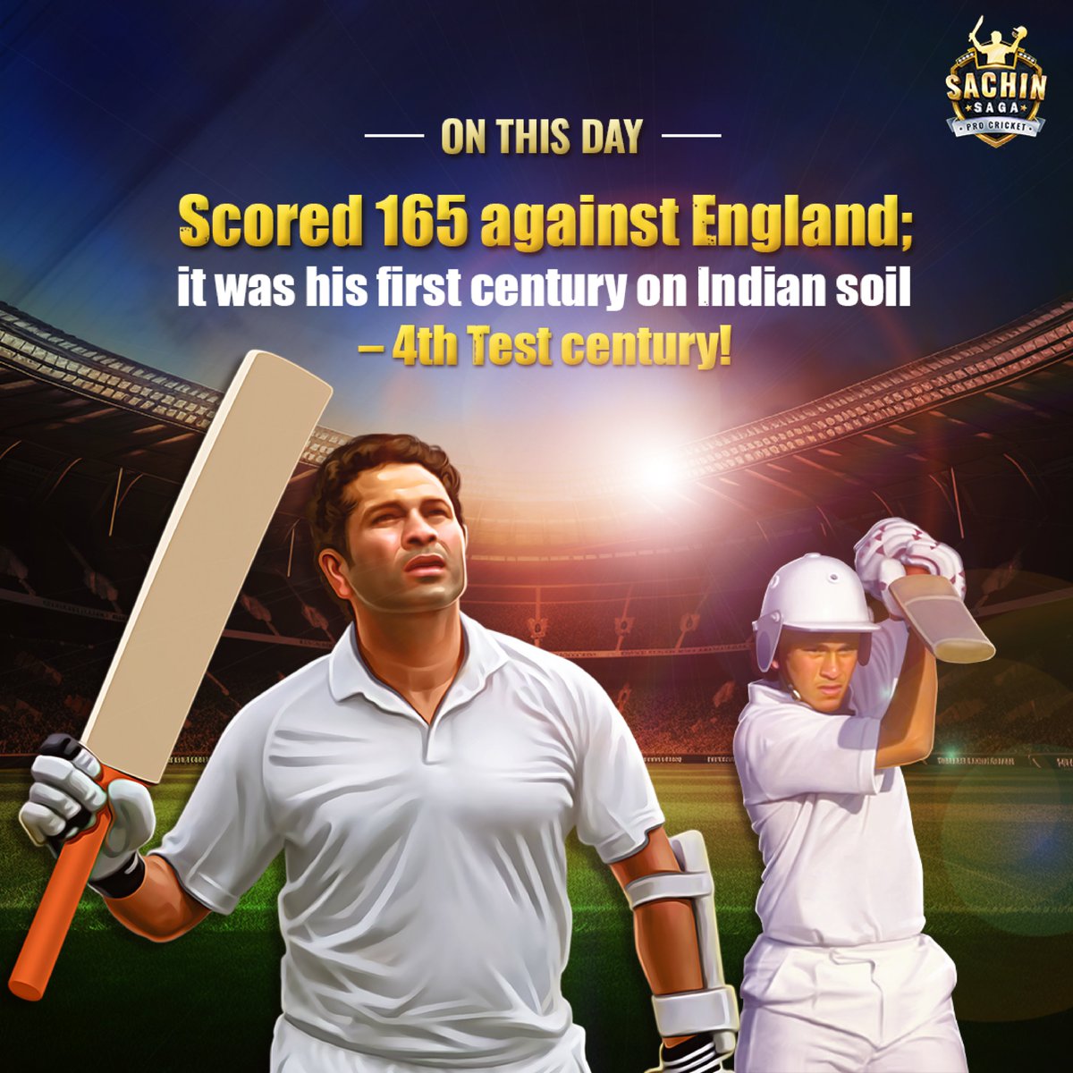 🏏#OnThisDay Sachin Tendulkar lit up Indian grounds with his first century against England! 🇮🇳💯 

#SachinCentury #CricketHistory #CricketMobileGame #ItsPROtime #SachinSagaProCricket🤩🤩🤩🤩