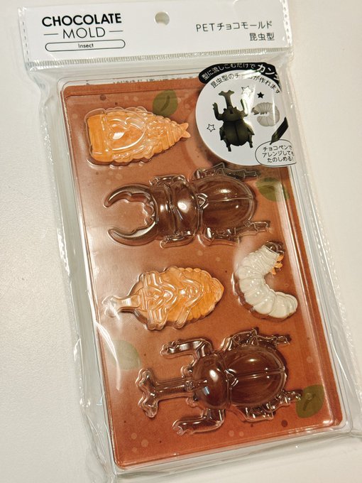 100均で家族に冗談でこんなチョコ型あるよwっつったら、子に作ってあげなよ!と大プッシュされて買わされた昆虫チョコ型…。えっ、実は虫のキャラの推しがいる私にこれを作れって? 