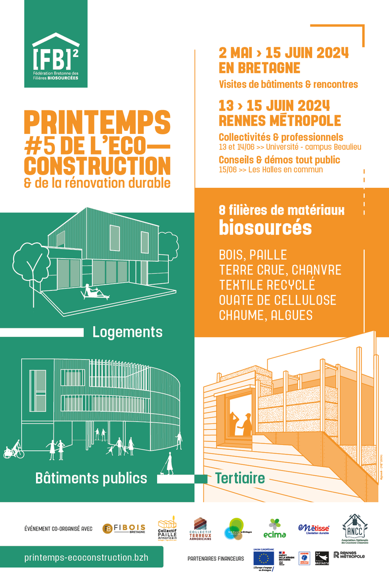 FB2_biosources's tweet photo. [Evénement] A vos agendas !
La Fédération Bretonne des #Filières #Biosourcées [FB]², ses filières adhérentes et ses partenaires, vous convient à la 5ème édition du Printemps de l' #écoconstruction et de la #rénovation #durable.
RDV du 2 mai au 15 juin : 
https://t.co/Ee09zON71n https://t.co/G2ClemqFzk