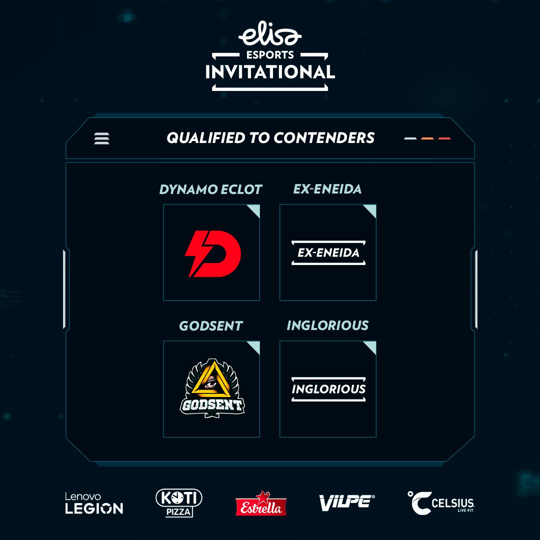 ElisaEsports's tweet photo. Meet the teams advancing to the #ElisaInvitational Spring 2024 Contenders Stage: @dynamoeclot, ex-ENEIDA, @GODSENT, and @inglorious_cs! After a thrilling weekend, they're ready for the 26th of February 🔥

Excited to see what invite teams they'll face in the Contenders? 🤫 https://t.co/hjiiMcxwaY