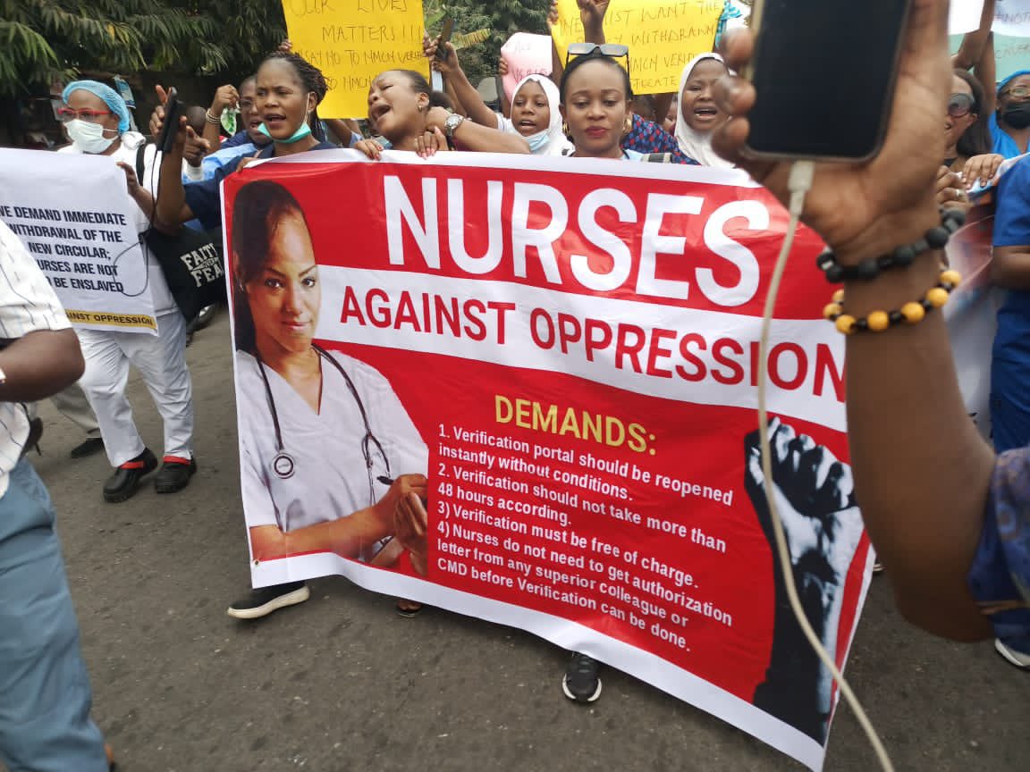 Sub_nurse1's tweet photo. Nigerian nurses demand are simple: 

-Reopen the portal
-Verification should not last more than 48hrs and must be free
-We don't need letter from CMD to be verified 

@Nigeria_NMC is that too much to ask?

Nurses deserve better! https://t.co/SWp9eJvitT