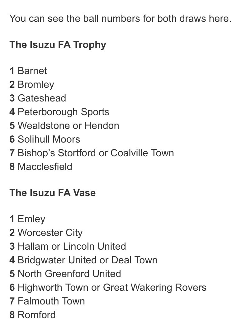 The draw for the FA Trophy and FA Vase Quarter Finals will be made live on talkSPORT2 from 3.15pm today.