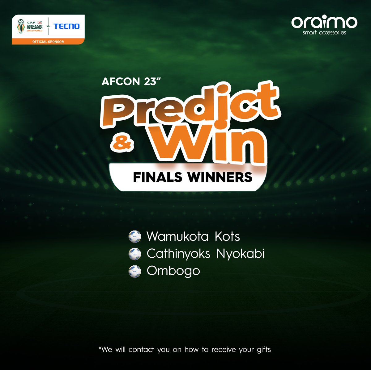TECNOMobile254's tweet photo. The AFCON dust has settled, but the excitement lives on!  We're thrilled to announce the winners of our #AFCONPredictAndWin contest!  Your predictions were a winning combination, securing you amazing prizes.  Huge congrats to all!

#AFCON2023 #AFCONFinal https://t.co/Scsp6p70tb