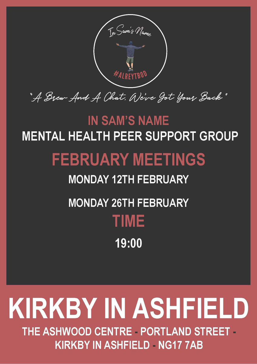 Our first meeting for our Kirkby-In-Ashfield takes place tonight.

In Sam’s Name is a safe place to go and talk, if this group appeals to why not come along tonight’s meet.

#mentalhealth #kirkbyinashfield #alreytbod #community #postivity #support #bassetlaw
