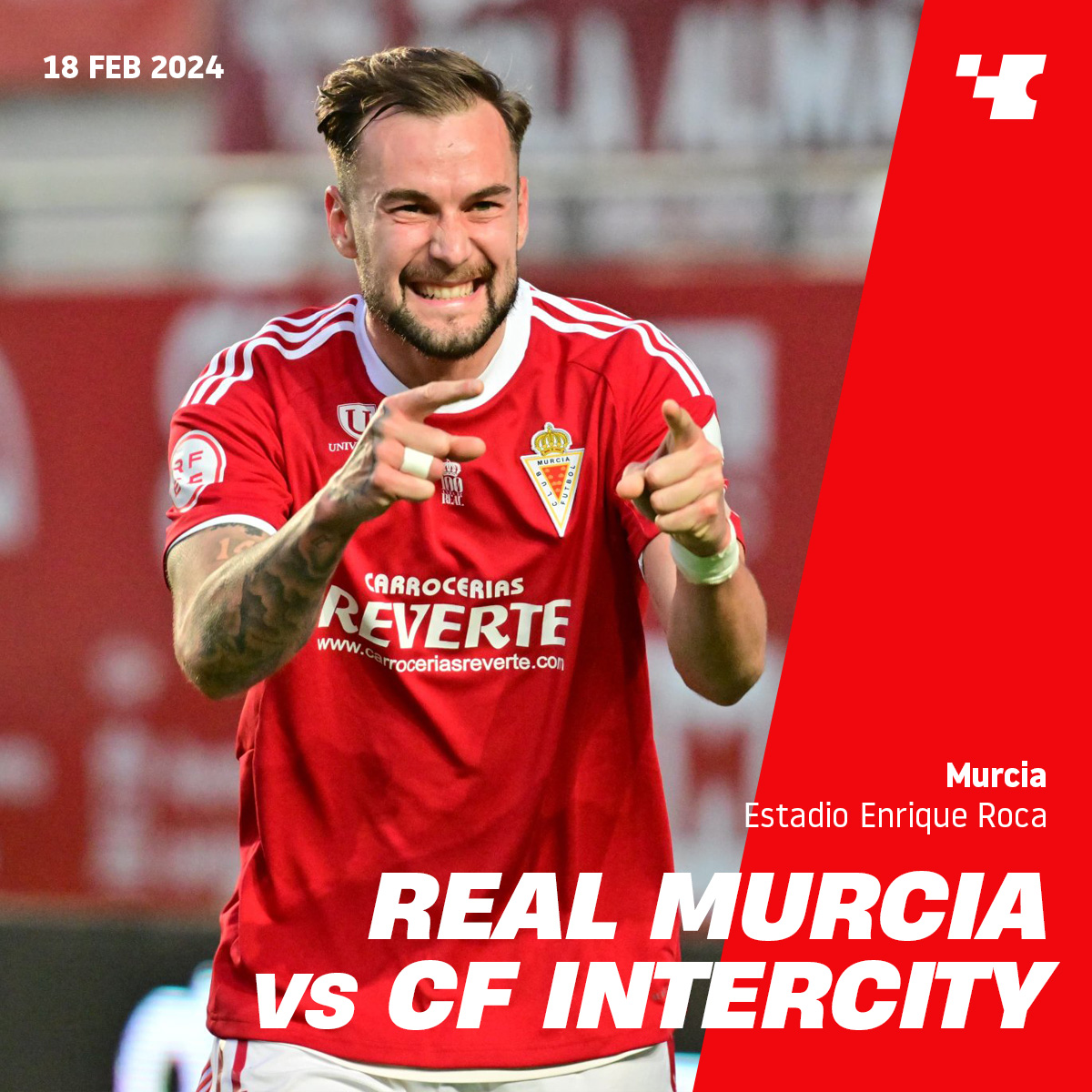 Este domingo!! <a href="/realmurciacfsad/">Real Murcia CF</a>  🆚 <a href="/CFIntercity/">𝗖𝗙 𝗜𝗡𝗧𝗘𝗥𝗖𝗜𝗧𝗬</a> 

⏰ 18/02/2024 - 16:00 H
🏟 Estadio Enrique Roca

Compra ya tus entradas 🎟
compralaentrada.com