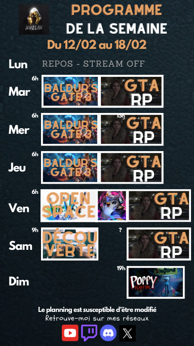 Hello ! Comme annoncé en stream, mon rythme de vie change. Je dois donc adapter mes horaires de stream en conséquence. Concrètement pour le RP ça ne change pas grand chose, juste pour les lève-tôt vous aurez un nouveau before !
