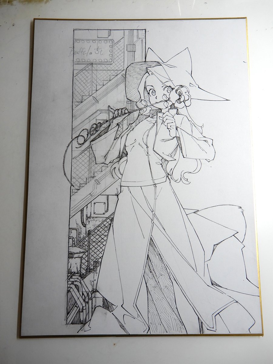 Gペンで清書中。左下の背景を描くだけで1時間近くかかる。丁寧な作画を心がけたいけどこれ以上はちょっと…。 