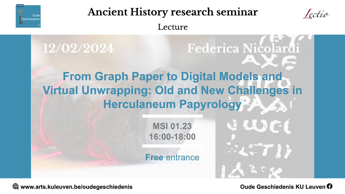 By a lucky coincidence, papyrologist Federica Nicolardi is currently on a research stay in Leuven as a joint LECTIO/Peripatos-Project Visiting Fellow and will give a lecture on the challenges of working with Herculaneum papyri today 📜 

arts.kuleuven.be/oudegeschieden…