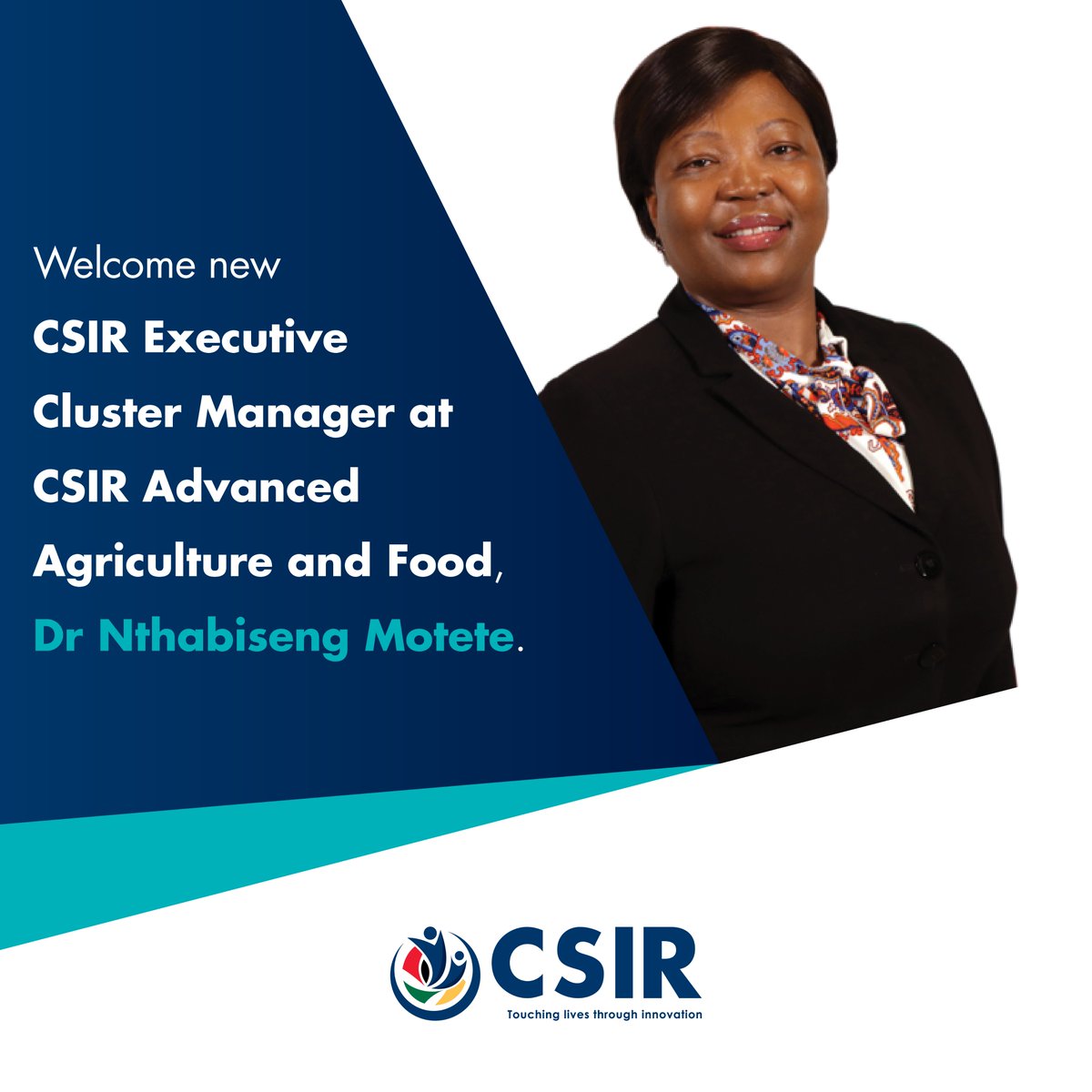 CSIR's tweet photo. #TeamCSIR is excited to welcome our new new Executive Manager: Advanced Agriculture and Food, Dr Nthabiseng Motete.      

We look forward to working with you Dr Motete.  
Welcome to our #CSIREPIC team! https://t.co/2HpTORrqyI