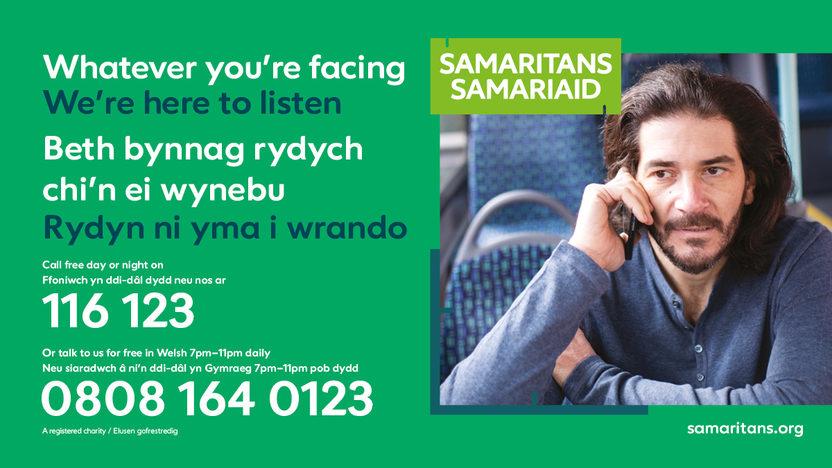 Os ydych chi’n cael wythnos caled ac yn teimlo na allwch chi wynebu’r wythnos sy’n dod, cofiwch nad oes rhaid ichi wynebu hyn ar eich pen eich hun 

Mae estyn allan yn arwydd o gryfder💪

Siaradwch â ni 24/7 ar 116 123 neu ar ein llinell gymorth Gymraeg 0808 164 0123 (7pm – 11pm)