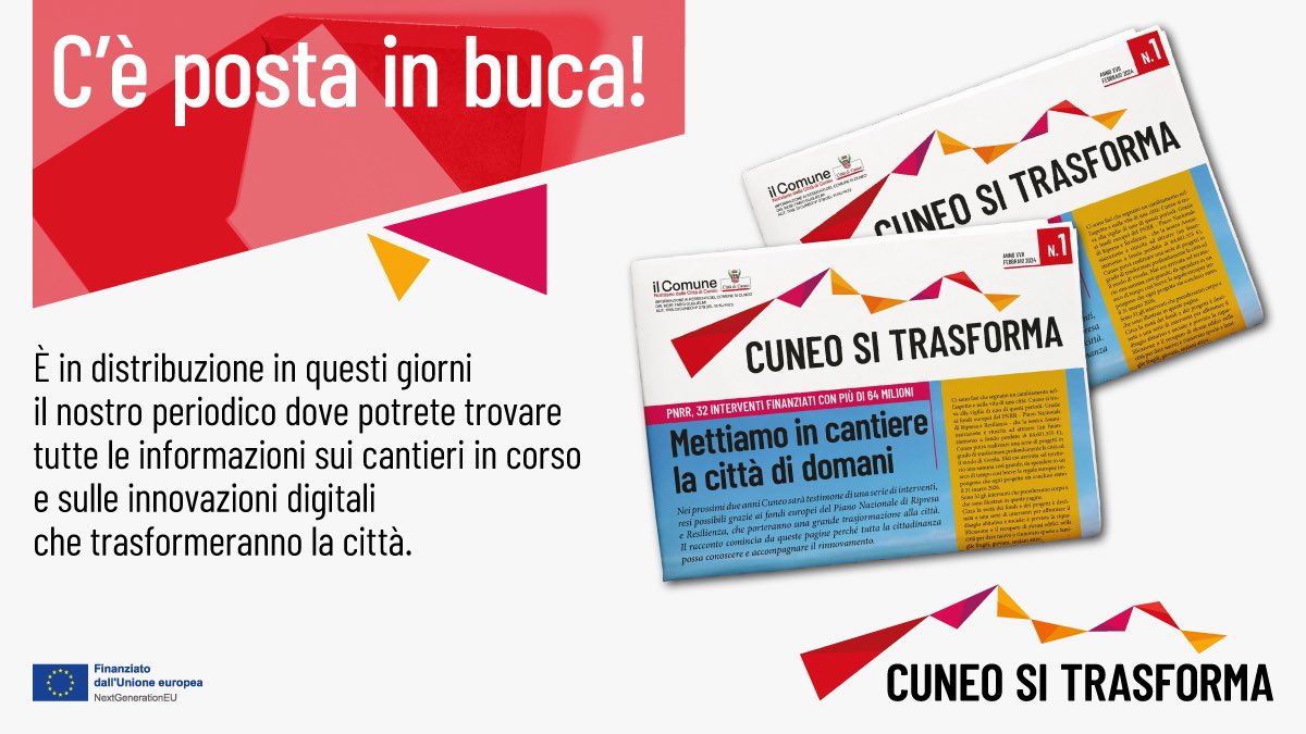 Sta arrivando in questi giorni, nelle cassette postali di tutti i residenti, un nuovo numero del notiziario comunale intitolato “Cuneo si Trasforma”, dedicato al racconto del rinnovamento che avverrà in città grazie ai finanziamenti del PNRR. #cuneositrasforma