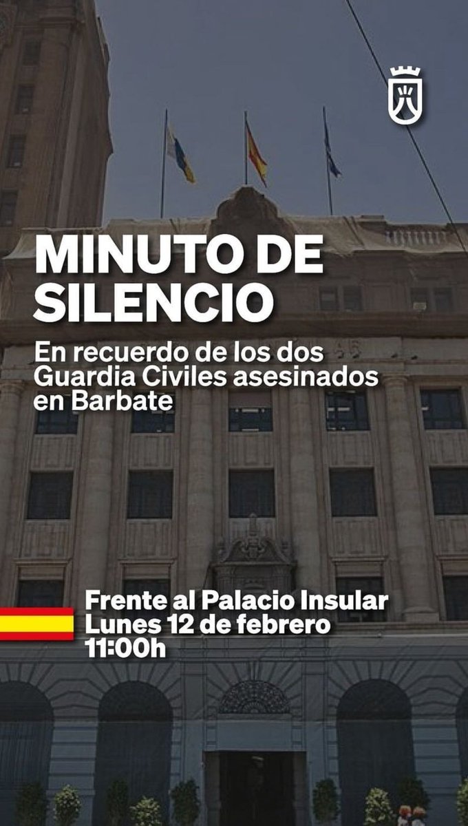 👮🏻‍♂️Hoy a las 11:00 en el Cabildo de Tenerife se guardará un minuto de silencio dedicado a los dos guardias civiles asesinados en Barbate

#CabildodeTenerife