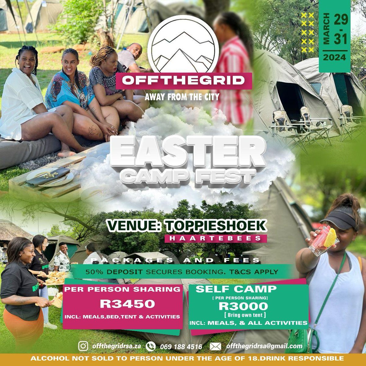 Save the date‼️ Away From The City, Off The Grid Camp is Back.

29-31 March’s 50% secures your booking. 
For enquiries whatsapp on +27 69 188 4516. 

Because its all about outdoors 
Good laughs 
Book your tents 

#offthegrid  
#awayfromthecity 
#camplife⛺️ 
#otg