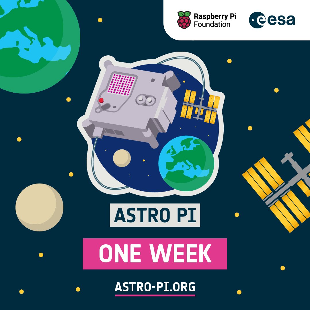 ESA__Education's tweet image. One week left to join the #AstroPi Mission Space Lab challenge! 🛰️💻

Write a #Python program for the Astro Pi computers onboard the International Space Station and try to calculate the speed of the station 👉astro-pi.org

@RaspberryPi_org @Raspberry_Pi
