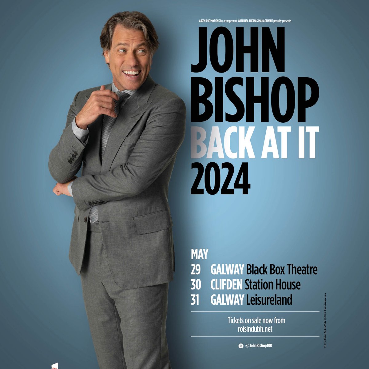 On sale now! Comedy superstar @JohnBishop100 is getting Back At It – doing what he does best – with a new tour for 2024 - including three nights in County Galway. Book here: roisindubh.net/news/2024/febr…