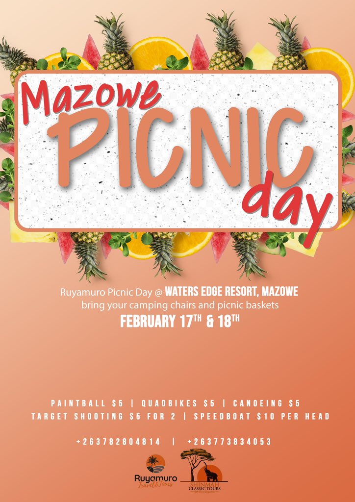 F.O.O.D •.• F.R.I.E.N.D.S •.• S.U.N.S.H.I.N.E ☀️

Picnic Weekend in Mazowe 
Free entry