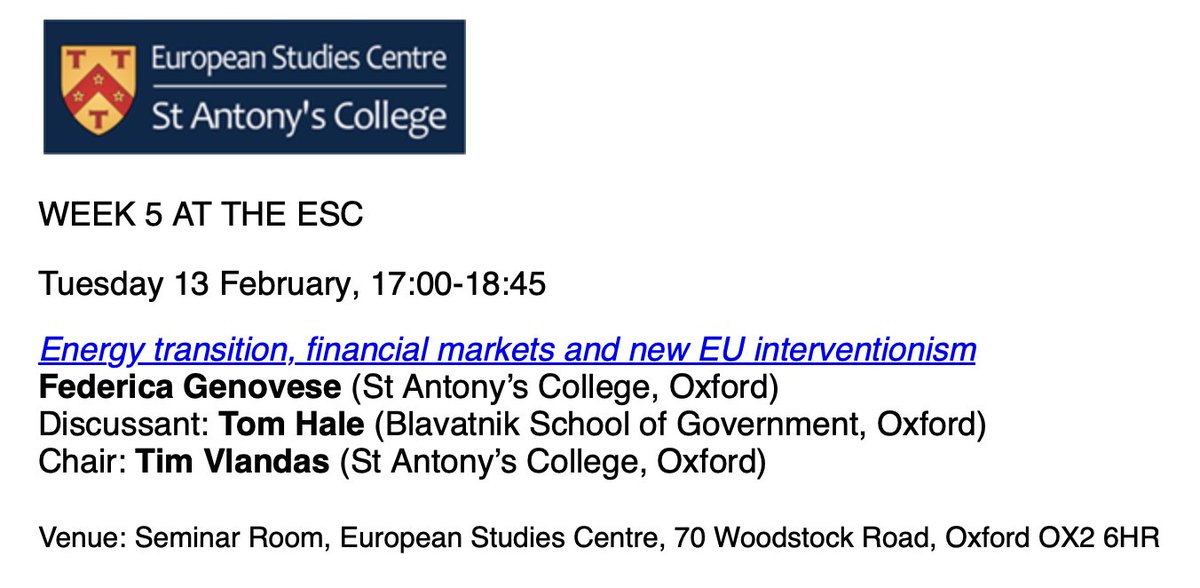 My first (professorial?) lecture at @StAntsCollege is tomorrow, thanks to the invite by some great folks @ESCStAntonys Come to hear about how new EU market intervention has affected energy stocks, climate politics and the credibility of state-led energy transition 🇪🇺💹⚡️