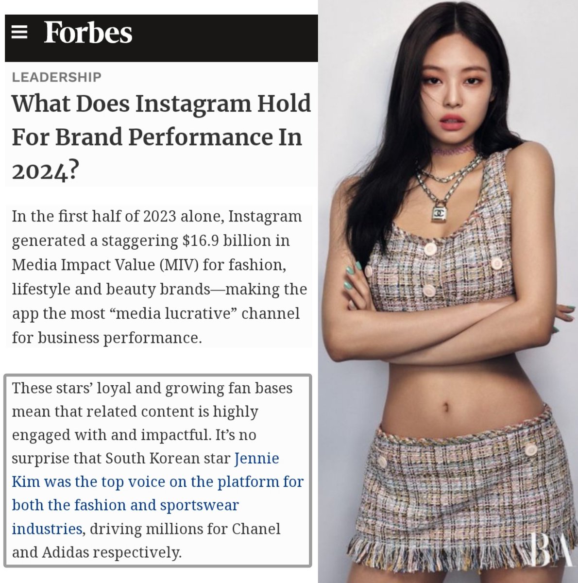 090224 #JENNIE is the ONLY Celebrity mentioned on FORBES 🇺🇸 about Instagram: ..It’s no surprise that South Korean star Jennie Kim was the TOP voice on the platform for both the fashion and sportswear industries, driving MILLIONS for Chanel and Adidas respectively.