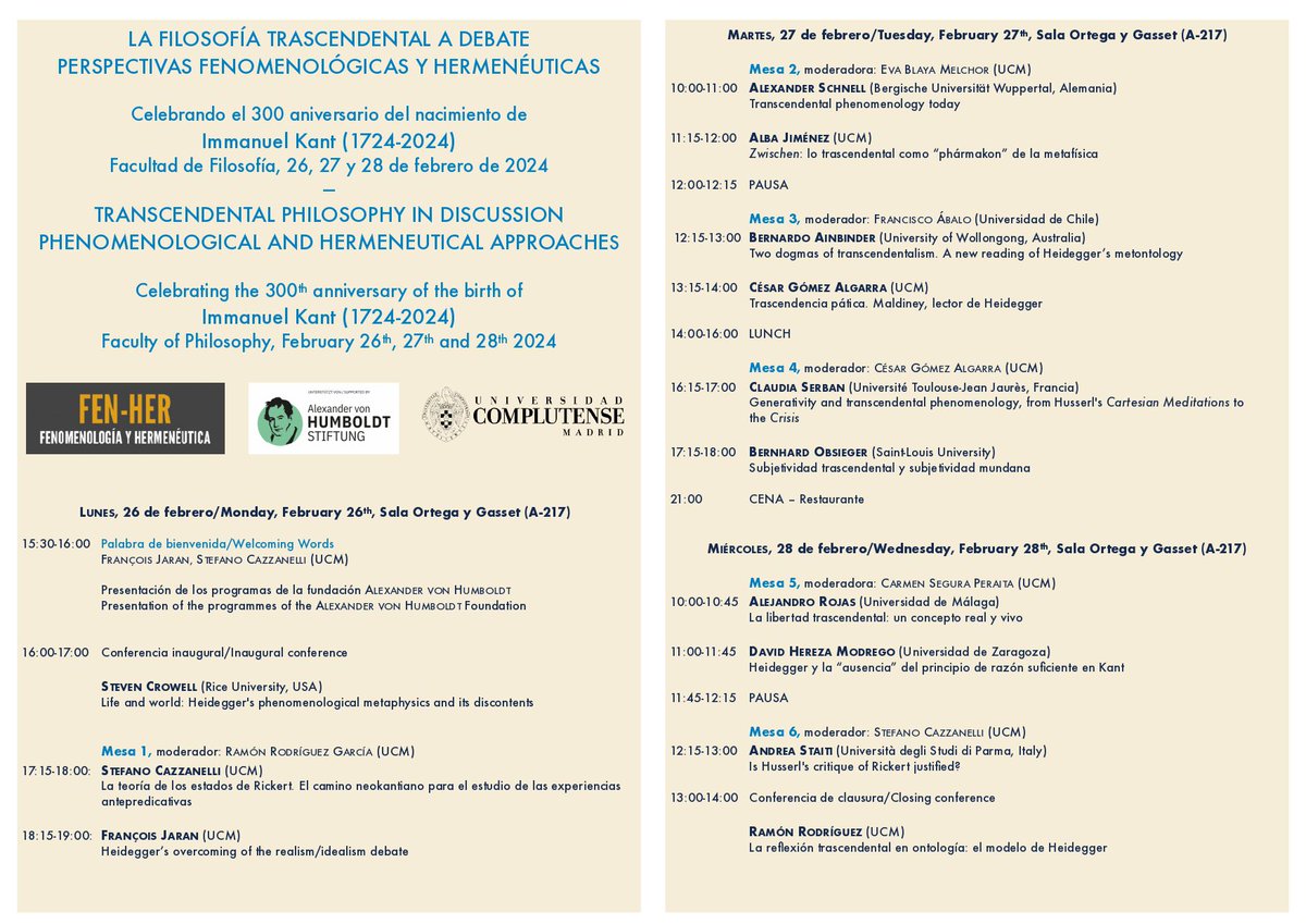 SIFucm's tweet photo. El congreso científico internacional «La filosofía trascendental a debate: perspectivas fenomenológicas y hermenéuticas», organizado por el Grupo de Investigación «FEN-HER» (@LogFil_ucm), se celebrará los días 26 a 28 de febrero en @FilosofiaUCM. Todos los detalles abajo: https://t.co/R7bpExtDac