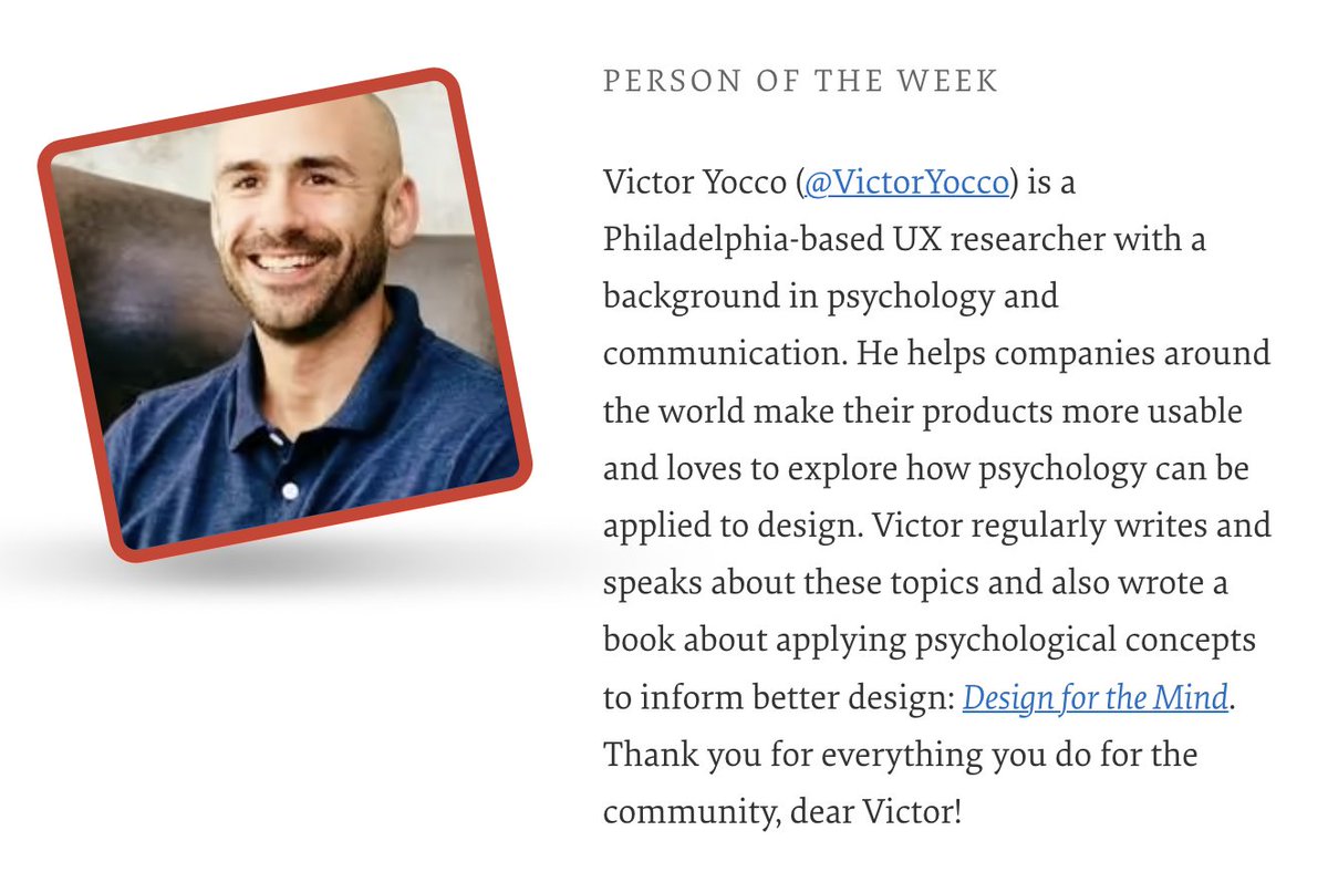 Our Person of the Week is a UX researcher, author, and speaker who loves to explore how psychology can be applied to design. Please give a warm round of applause for... Victor Yocco! Thank you for everything you do for the community, dear @VictorYocco! #smashingcommunity