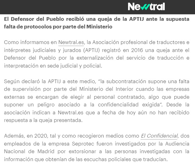 APTIJ_ES's tweet photo. Gracias a @Newtral y a @iCarrascon por dar voz una vez más a las reivindicaciones del sector.
*
El Ministerio de Interior gastó 2,8 millones en externalizar sus servicios de traducción para migrantes en 2022 y 2023 https://t.co/wEbTy4m4Xk a través de @Newtral https://t.co/9ocEhmZ3wd