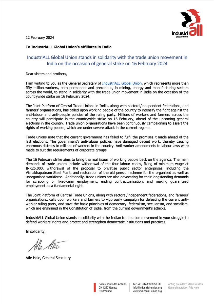 IndustriALL stands in solidarity with the 🇮🇳 Indian trade union movement in their struggle to defend workers’ rights and protect and strengthen democratic institutions and practices.