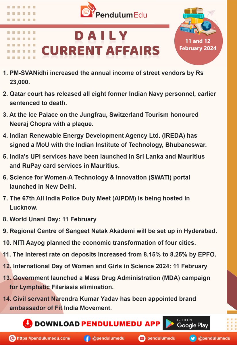 Read Daily Current Affairs of 12 February 2024 in English - pendulumedu.com/current-affair…
#CurrentAffairs #12februarycurrentaffairs #pmsvaniidhi #ireda #rupaycardservice #swati #aipdm #worldunaniday #sangeetnatakakademi #nitiaayog #interestrate #internationaldayofthegirl