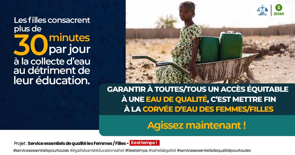 Soutenez l’éducation des filles en réduisant le temps passé à la collecte d’eau. Chaque minute compte pour un avenir brillant. 
#sahelaegalite #ServicesEssentielsPourToutes #EgaliteSantéEduxationSahel #IlestTemps

<a href="/WILDAFAO/">WiLDAF -Afrique de L'Ouest</a> 
<a href="/oxfamauburkina/">Oxfam au Burkina</a> 
<a href="/UNICEF_Burkina/">UNICEF Burkina Faso</a> 
<a href="/OMS_Burkina/">OMS Burkina Faso</a>