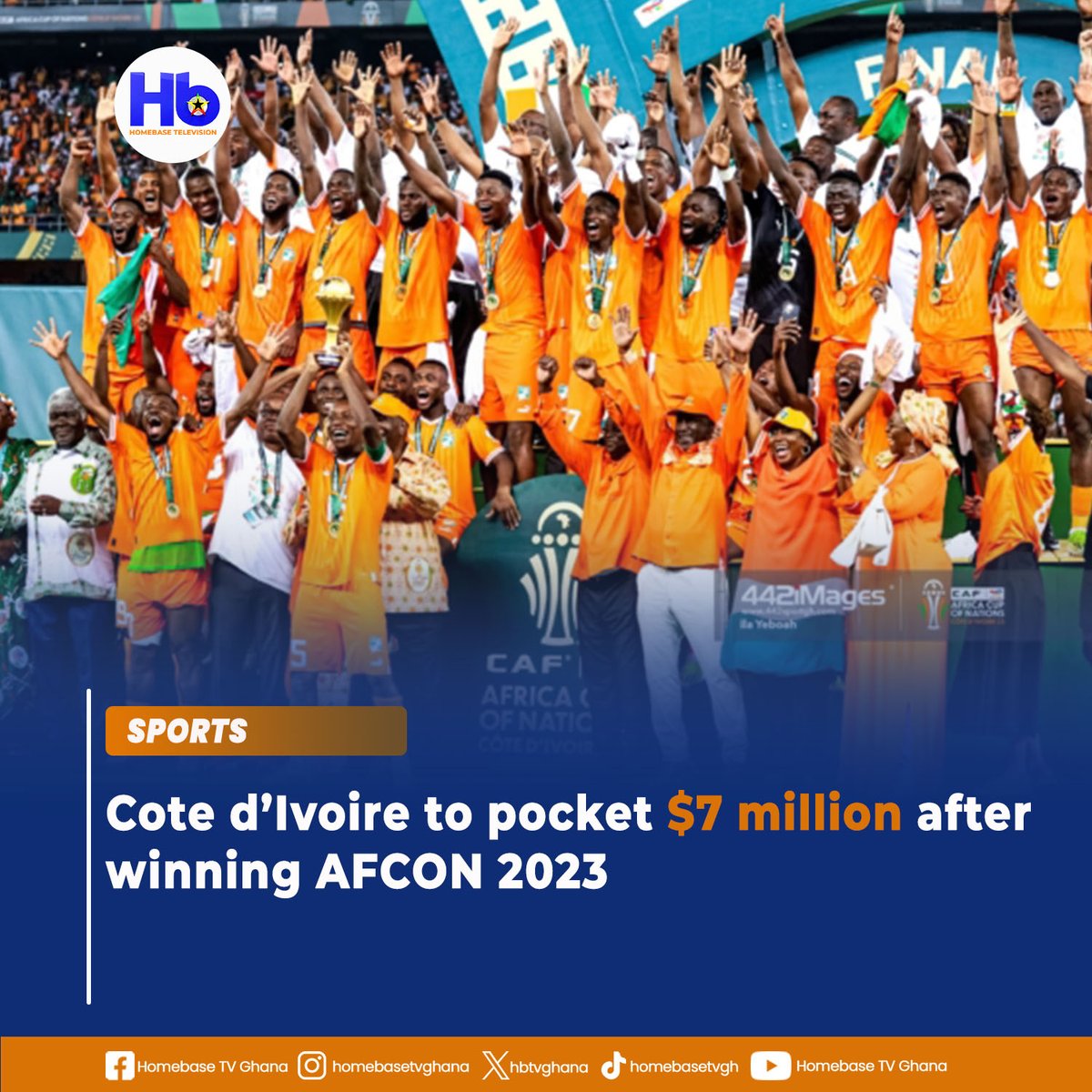 hbtvghana's tweet photo. As part of their reward for winning the 2023 Africa Cup of Nations (AFCON), Cote d'Ivoire will take home a cash prize of $7 million.
The Elephants came from a goal down to secure a 2-1 victory in the final of the competition against Nigeria on Sunday night.
#hbsports #homebasetv https://t.co/FV62PHNINx