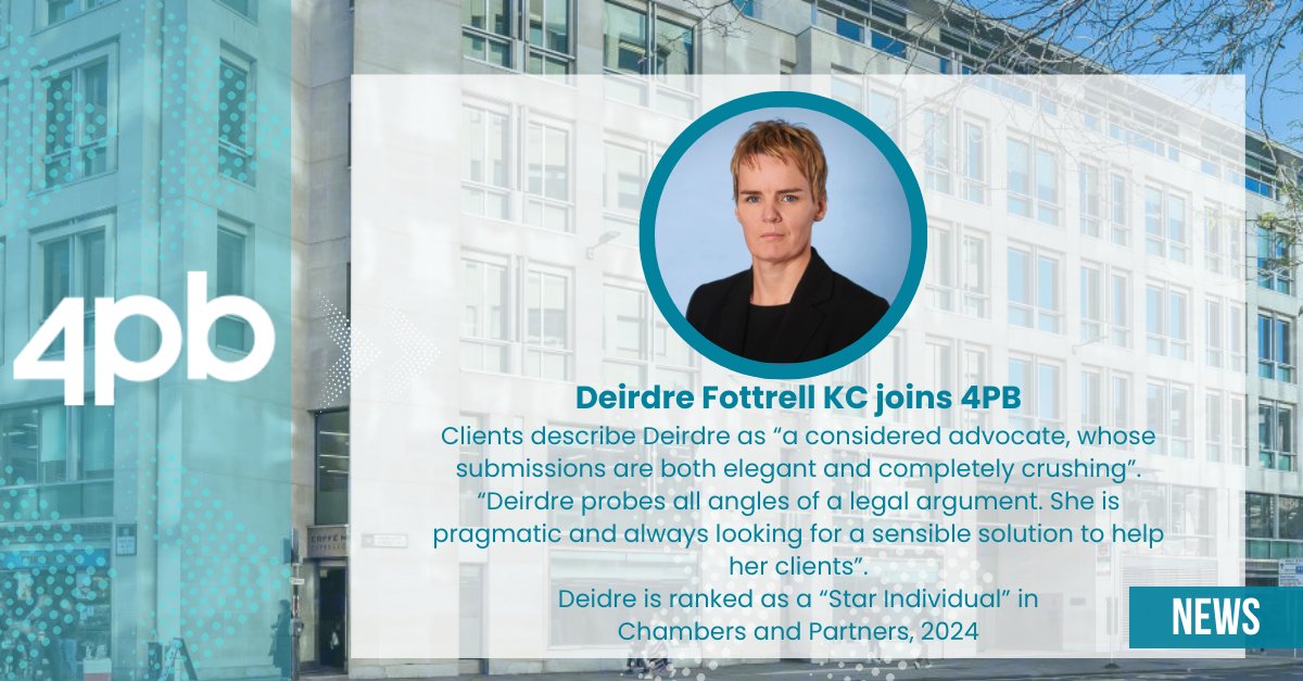 We are delighted to announce the inimitable, Deirdre Fottrell KC has joined <a href="/4PBFamilyLaw/">4PB</a> with immediate effect.  

Deirdre needs almost no introduction; specialising in children law, she is very highly regarded at the family bar.

Read press release here: bit.ly/3T4VAtH