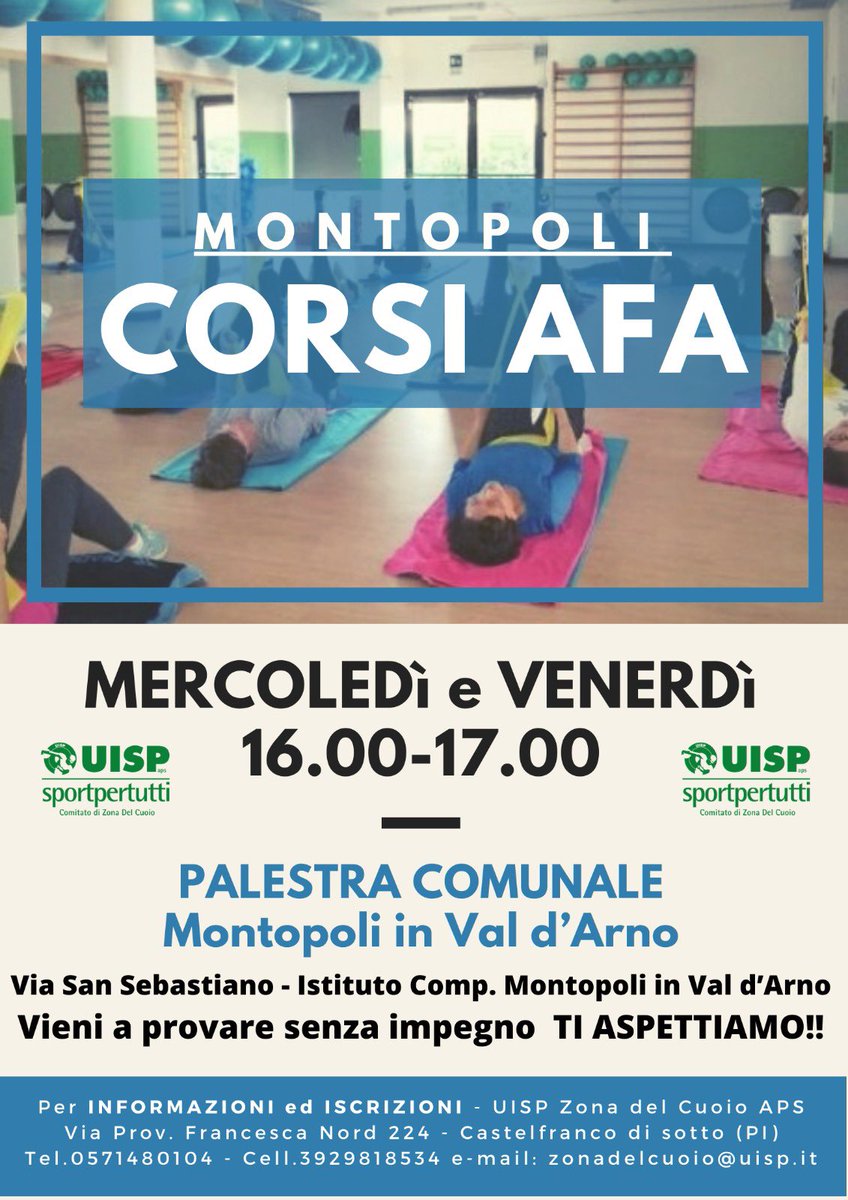 Parte un nuovo corso AFA alla Palestra Comunale di Montopoli in Val d'Arno 
Attività Fisica Adattata. Si tratta di programmi di esercizio fisico, non sanitari, svolti in gruppo e appositamente disegnati per una serie di condizioni croniche. uisp.it/zonadelcuoio/p….