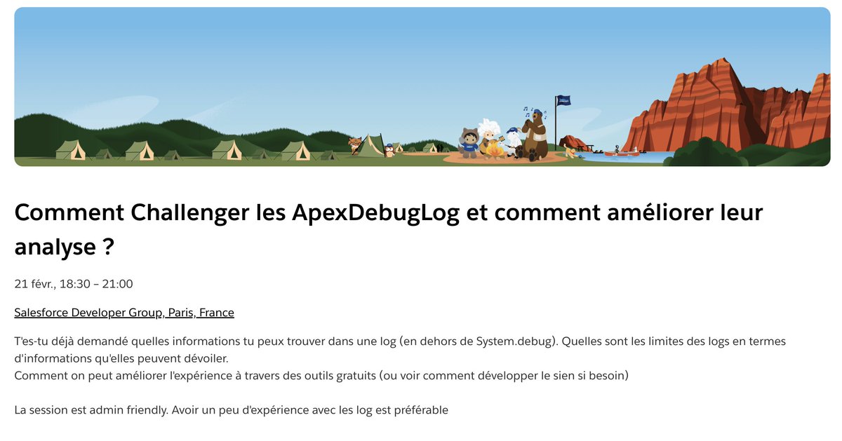 Rejoignez-nous le 21 février chez <a href="/TexeiFrance/">Texei France</a> pour une présentation de <a href="/elchacha51/">Fabrice Challier</a> sur comment utiliser et analyser au mieux les Debug Logs Apex:

trailblazercommunitygroups.com/events/details…