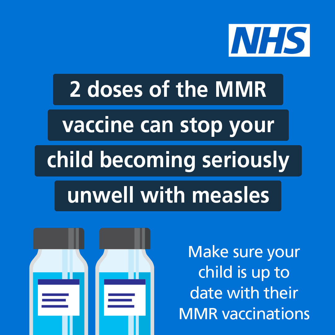 Measles cases are rising across England.  2 doses of the MMR vaccine provide the best protection against measles, mumps and rubella.   For more information and how to book ➡️ nhs.uk/MMR