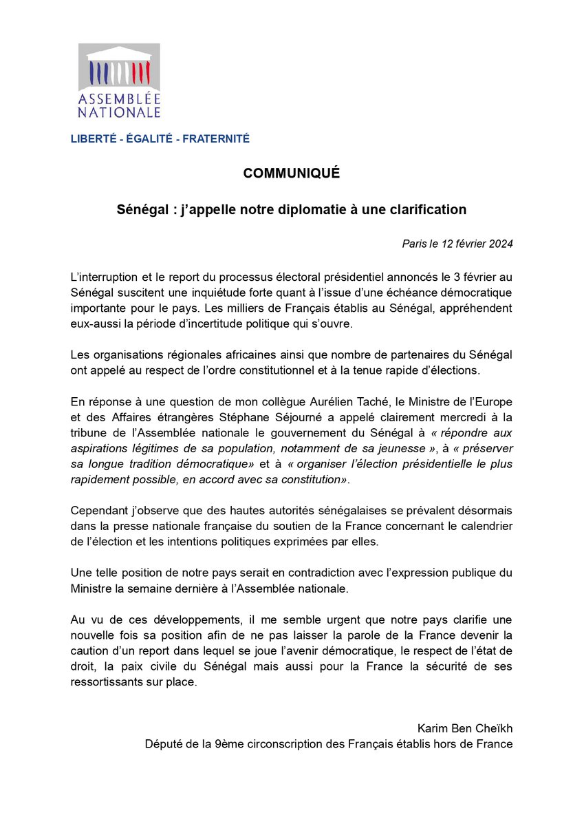 #SENEGAL - Retrouvez mon communiqué appelant notre #diplomatie à clarifier sa position concernant le processus électoral au Sénégal