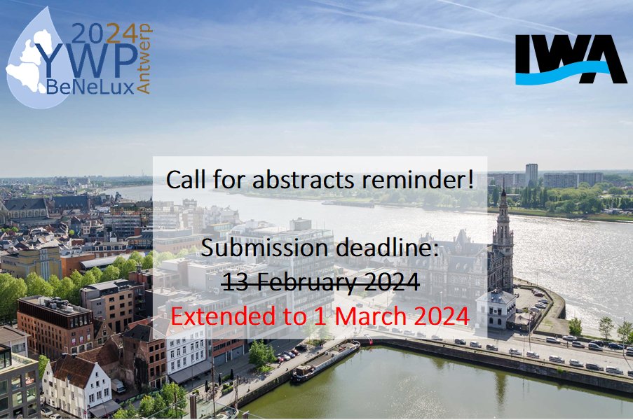 YWP Benelux (@ywp_benelux) on Twitter photo π’ Good news! The deadline for abstract submissions has been extended.
ποΈ New submission deadline: β‘οΈ March 1, 2024 β¬
οΈ
All info: ywpbenelux.org
Submit your abstract today and secure your spot! π
#YWPBeNeLux #YWPBeNeLux2024 <a href="/IWAHQ/">International Water Association</a> <a href="/BelgianIWA/">Belgian IWA</a> π’ Good news! The deadline for abstract submissions has been extended.
ποΈ New submission deadline: β‘οΈ March 1, 2024 β¬
οΈ
All info: ywpbenelux.org
Submit your abstract today and secure your spot! π
#YWPBeNeLux #YWPBeNeLux2024 <a href="/IWAHQ/">International Water Association</a> <a href="/BelgianIWA/">Belgian IWA</a>