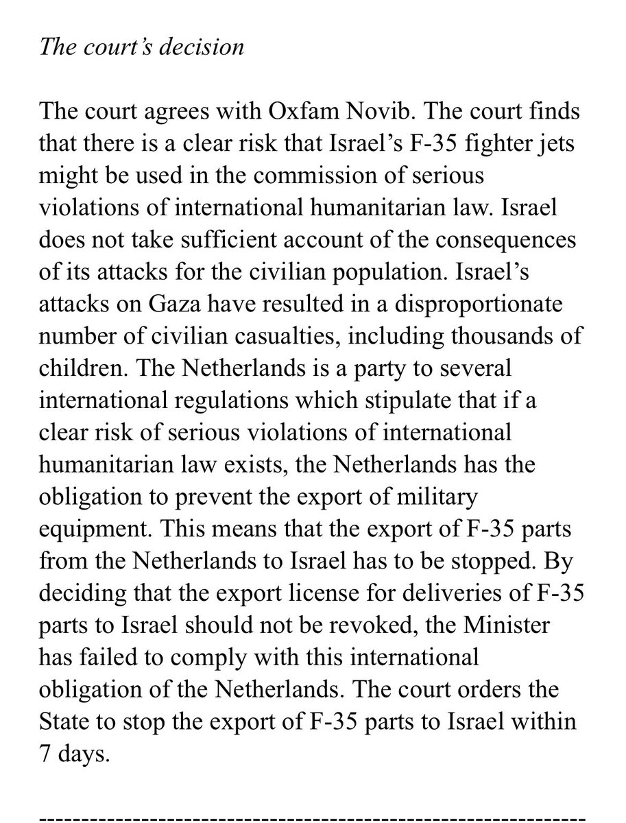 Summary of Dutch appeals court decision regarding the export of F35 spare parts to Israel ⚖️