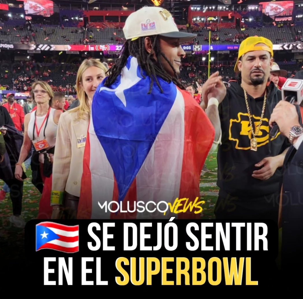 Moluskein's tweet photo. Isiah Pacheco (@lil_poppy856) representando a Puerto Rico tras la victoria de los Chiefs en el SuperBowl 🔥🔥🔥🔥🇵🇷

#MoluscoTVNews 
#ElMolu🎧 https://t.co/o9xop0tgXu