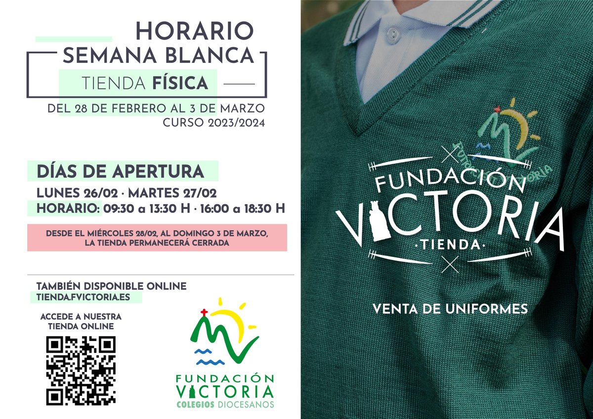 📣Horario de la #Tienda en Semana Blanca

🟢 Lunes 26/02: Abierta
🟢 Martes 27/02: Abierta
🕗 Horario: 9:30 a 13:30 y de 16:00 a 18:30 h.

🔴 Miércoles 28/02, jueves 29/02, viernes 01/03 y sábado 02/03: Cerrada

ℹ️ fvictoria.es/2024/02/12/hor…

#ColegiosDiocesanos