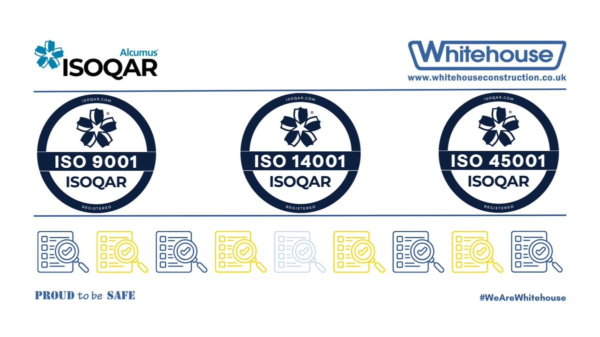 We've had our annual audit by @ISOQAR and are pleased to say we have maintained ISO 9001, ISO 14001, and ISO 45001 across our Head Office, Manufacturing Facility and Operational Sites. A huge thank you to our entire team for maintaining our high SHEQ standards! #WeAreWhitehouse