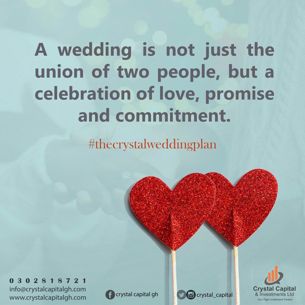 Crystal_Capital's tweet photo. We are with you through all the special moments of life. 
Got an upcoming wedding? We have a plan!
#BeMoneyWise #Money #Invest 
#Rightpartner #Crystalcapital 
#AskUsHow 0302818721/0501447727 https://t.co/wmIVgx74Xp