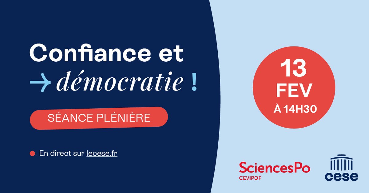 📢 Confiance &amp; #démocratie : 15e vague du baromètre de la confiance politique du <a href="/CEVIPOF/">CEVIPOF - Sciences Po</a>

Rendez-vous demain dès 14h30 pour assister à la présentation des résultats par <a href="/BCautres/">Bruno Cautrès</a>, chercheur <a href="/CNRS/">CNRS 🌍</a> &amp; politologue

🔴 À suivre en direct &amp; depuis le #CESE 👇lecese.fr/actualites/les…