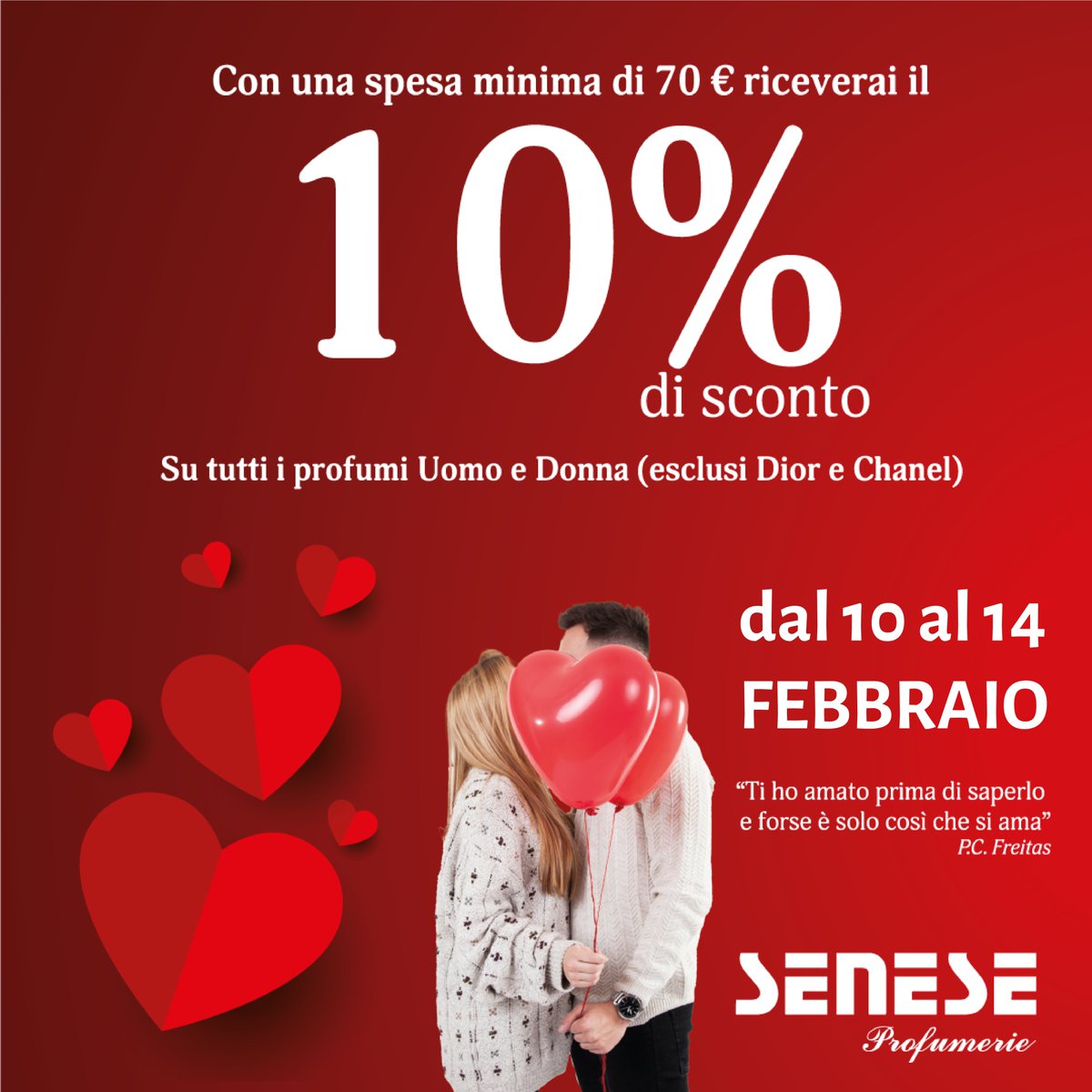 PolePositionCZ's tweet image. Fino al 14 febbraio, da #Profumerie Senese 

Con una spesa minima di 70 € riceverai il 10% di sconto su tutti i #profumi uomo e donna (esclusi Dior e Chanel)

Ti aspettiamo in negozio

#PolePosition #Catanzaro #Calabria #annunci  #pubblicità #adv #advertising #ad #sanvalentino