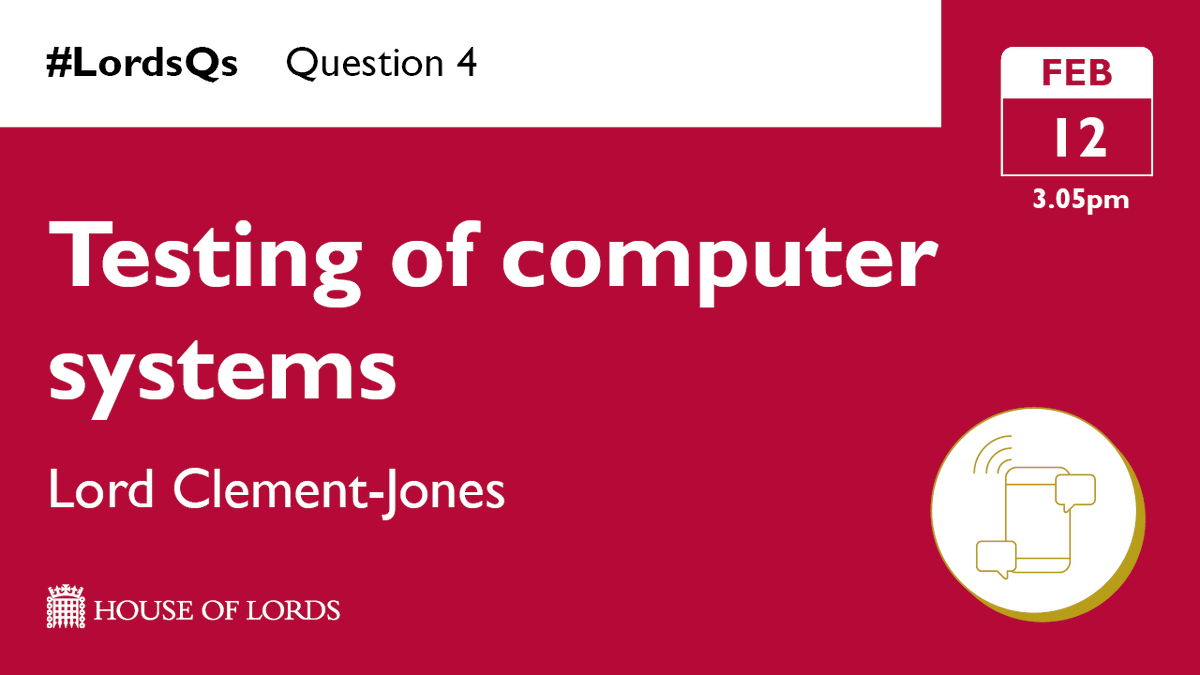@NickClancarty Finally, in #LordsQs, Lord Clement-Jones questions the government on reforming the Computer Misuse Act 1990 to enable independent testing of computer systems. 📺Watch online from 3.05pm at the link in our bio 4/4 🔽