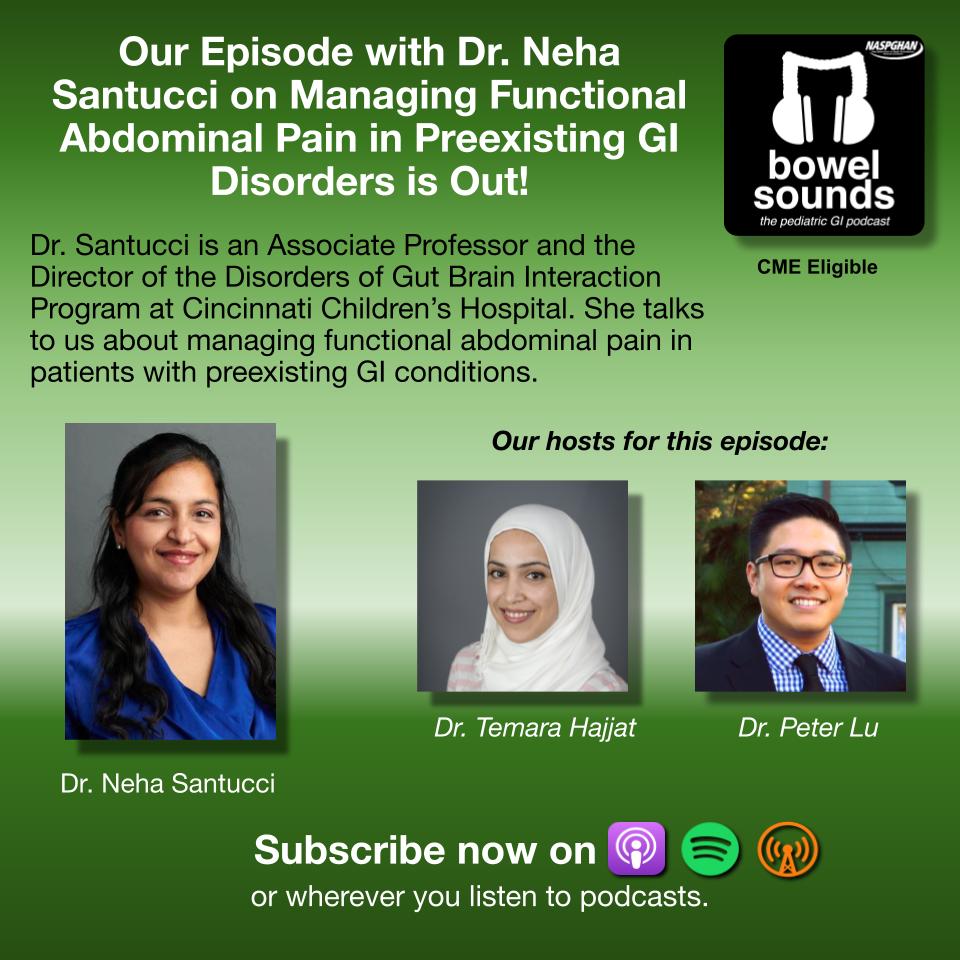 🎙️ An all new episode: Dr. @NehaSantucciMD from @CincyChildrens talks to Drs. @temarahajjat & @PLLU about how to manage functional abdominal pain in patients with preexisting GI conditions. Listen to the episode & get your CME! buzzsprout.com/581062/14417161