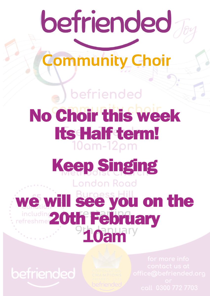 befriended_org's tweet photo. Its Half Term and Ira our wonderful Choirmaster is taking a break
No Choir on Tuesday 13th
See you on the 20th February https://t.co/53sWoCCkD5
