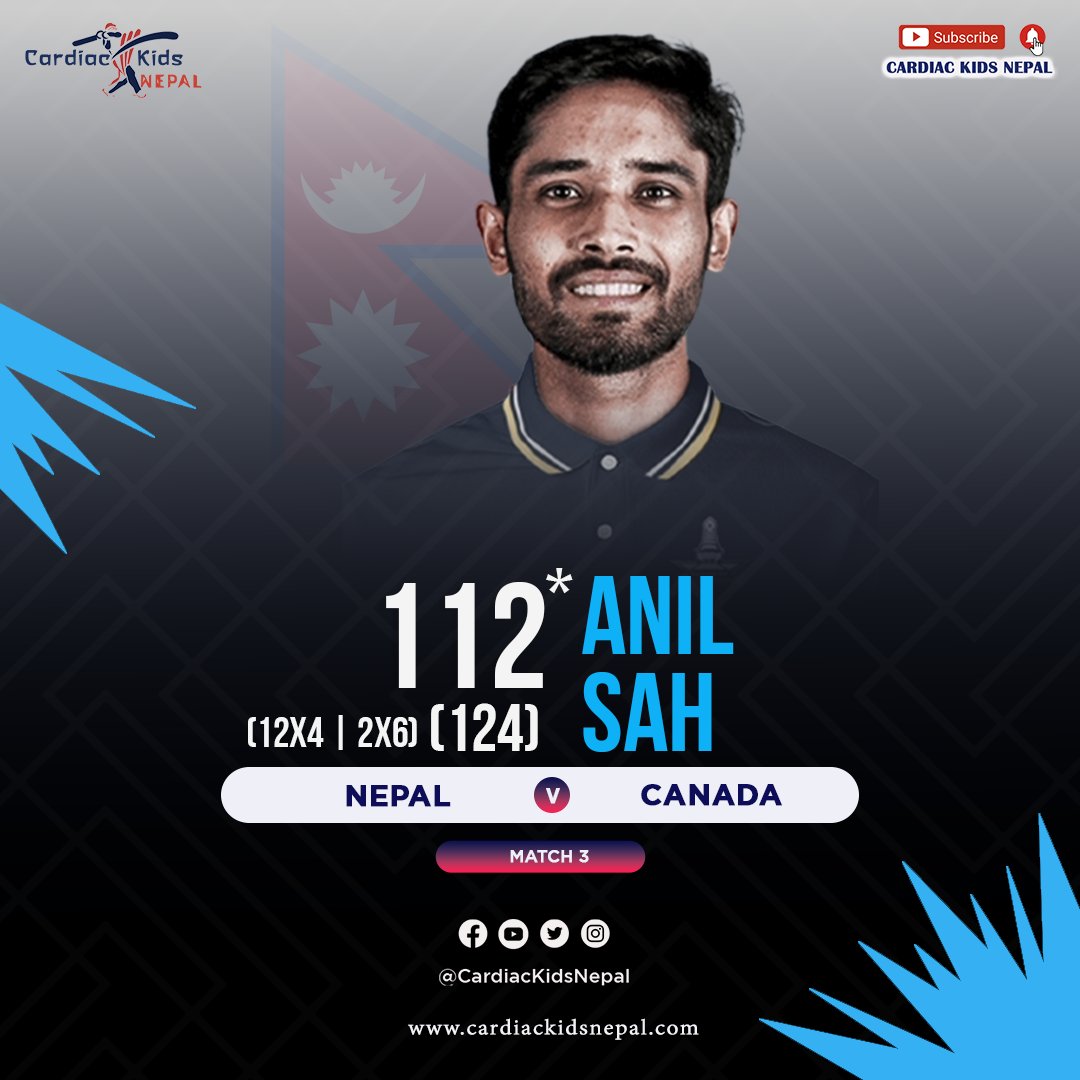 Anil Kumar Sah, today's Man of the Match, joins the elite club as Nepal's seventh centurion in ODI Cricket history! 🌟🏏 A stellar achievement, following his record for the fastest ODI half-century for Nepal in just 19 balls in the previous match! 🔥 
#AnilSah  #weCAN #NEPvsCAN