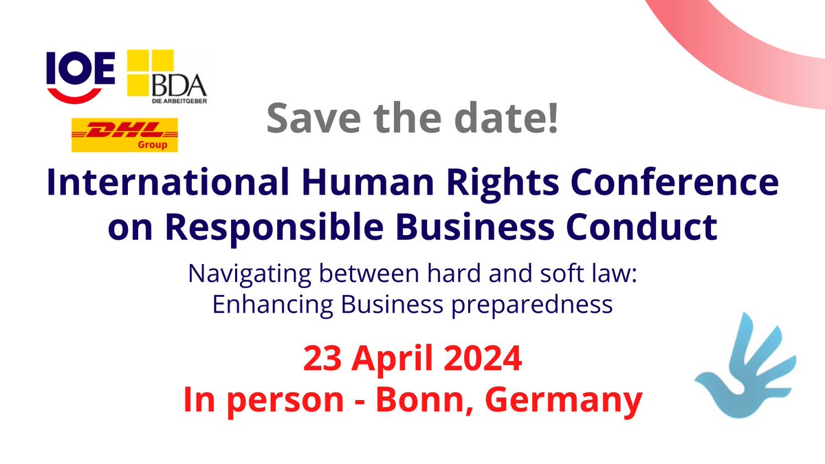 🔜 Coming soon: the 2024 International Human Rights Conference on Responsible Business Conduct! This IOE-@DieBDA-@DHLGlobal joint event returns for a new edition focused on business preparedness enhancement 📋 🗓️ 23 April 📍 Bonn, Germany Learn more👉 bit.ly/BHR_Bonn